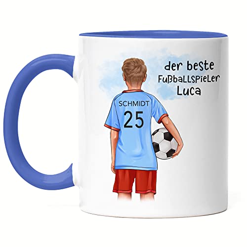 Kiddle-Design Fussball Tasse Blau Personalisiert mit Namen Fußball Becher Personalisiert Fanartikel Kinder Jungs Mädchen Fussballtasse Fußballfan Kinderbecher von Kiddle-Design