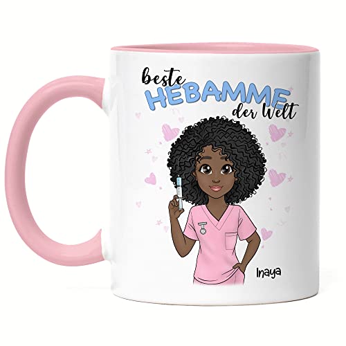 Kiddle-Design Hebamme Tasse Rosa Personalisiert Danke Dankeschön Geschenk Schwester MFA Pflegekraft Heldin Kollegin Freundin mit Name & Spruch von Kiddle-Design