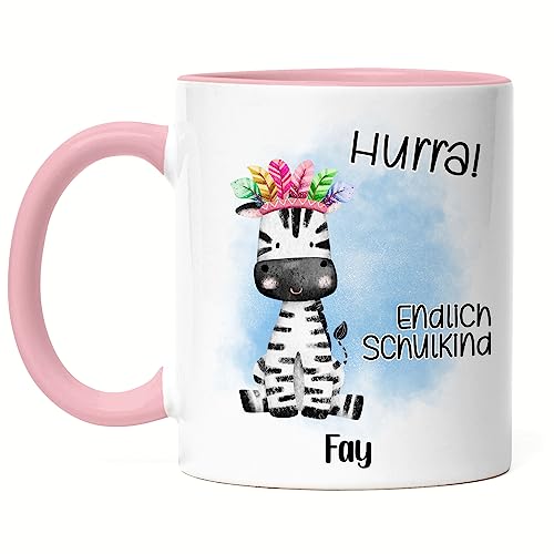 Kiddle-Design Hurra Endlich Schulkind Tasse Rosa Personalisiertes Geschenk zum Schulanfang Junge Mädchen Einschulungsgeschenk Erster Schultag Zebra von Kiddle-Design