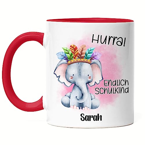 Kiddle-Design Hurra Endlich Schulkind Tasse Rot Personalisiertes Geschenk zum Schulanfang Mädchen Einschulungsgeschenk Erster Schultag Elefant von Kiddle-Design