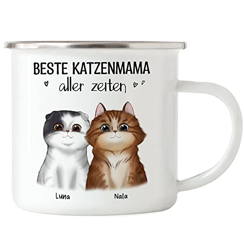 Kiddle-Design Katzenbesitzer Emaille Tasse Personalisiert Geschenk Katzenmama Katzenliebhaber Katzenmotiv Spruch Name Katzenfreund Haustier 2 Katzen von Kiddle-Design