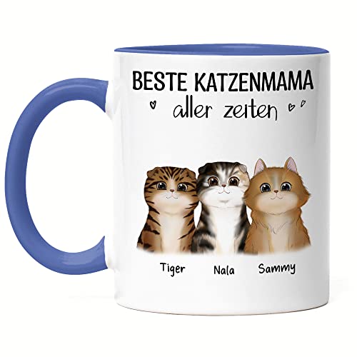 Kiddle-Design Katzenbesitzer Tasse Blau Personalisiert Geschenk Katzenmama Katzenliebhaber Katzenmotiv Spruch Name Katzenfreund Haustier 3 Katzen von Kiddle-Design