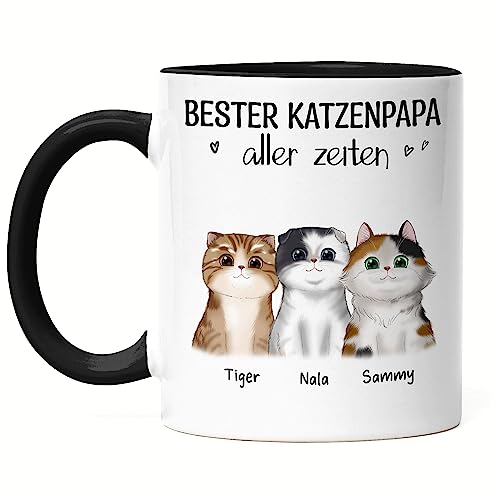 Kiddle-Design Katzenbesitzer Tasse Schwarz Personalisiert Geschenk Katzenpapa 3 Katzen Katzenliebhaber Katzenmotiv Spruch Name Katzenfreund Haustier von Kiddle-Design