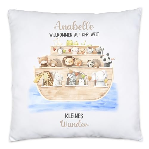 Kiddle-Design Kissen zur Geburt Arche Noah Geschenk zur Geburt Junge Mädchen Babykissen Baby Personalisiert mit Name Sprüche von Kiddle-Design