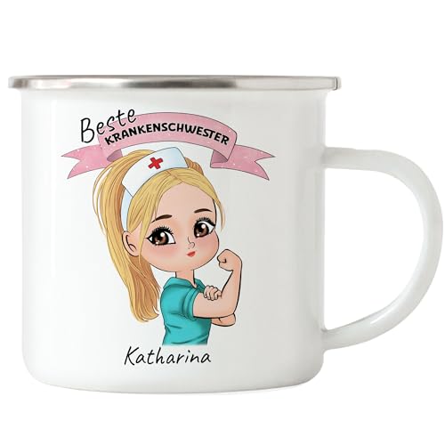 Kiddle-Design Krankenschwester Emaille Tasse Personalisiert Ärztin Pflegekraft Pflegerin Sanitäter Kollegin Freundin mit Name & Spruch Pflegefachfrau Geschenk von Kiddle-Design