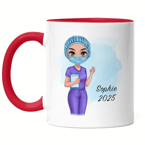 Kiddle-Design Krankenschwester Tasse Rot Personalisiert - Heldin Freundin Pflegerin MFA Geschenk Examen Medizin Dankeschön Ärztin von Kiddle-Design