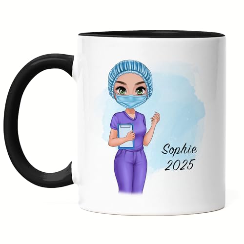 Kiddle-Design Krankenschwester Tasse Schwarz Personalisiert - Heldin Freundin Pflegerin MFA Geschenk Examen Medizin Dankeschön Ärztin von Kiddle-Design