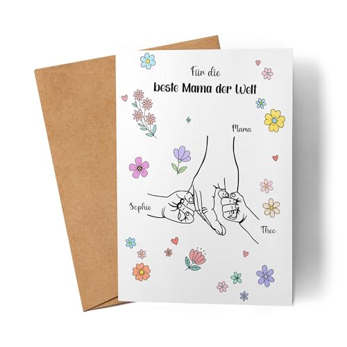 Kiddle-Design Mama Karte Personalisiert mit Namen Hand in Hand Blumen Geburtstagskarte Mutter Muttertag, Muttertagskarte mit Kindern Handmotiv - Faltkarte inkl. Umschlag - 2 Kinder Kiddle-Design Mama Karte Personalisiert mit Namen Hand in Hand Blumen Geburtstagskarte Mutter Muttertag, Muttertagskarte mit Kindern Handmotiv - Faltkarte inkl. Umschlag - 2 Kinder von Kiddle-Design