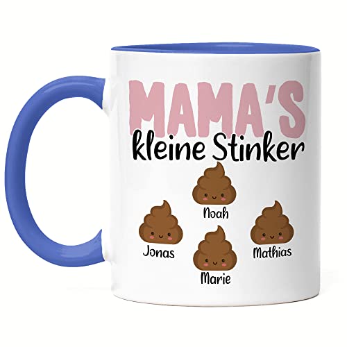 Kiddle-Design Mama's kleine Stinker Tasse Blau Lustig personalisiert mit Namen Muttertag Kackhaufen Geschenk Mutter Mama 4 Kinder von Kiddle-Design