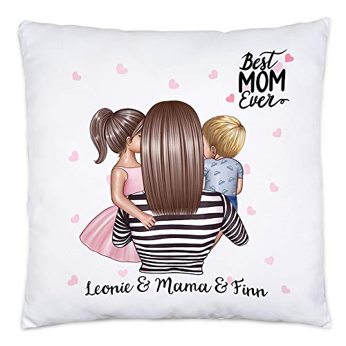 Kiddle-Design Mutter Kind Kissen | 40x40cm inkl. Füllung Personalisiert Name und Frisur Mama Kinder Tochter Sohn Baby Geschenk für Mütter Muttertag von Kiddle-Design