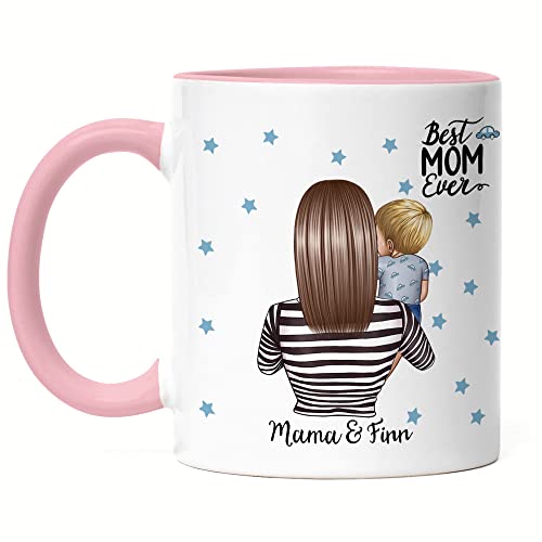 Kiddle-Design Mutter Kind Tasse Rosa Personalisiert Name und Frisur Mama Kinder Sohn Söhne Baby Geschenk Kaffeetasse für Mütter Muttertag von Kiddle-Design