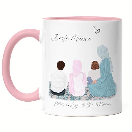 Kiddle-Design Mutter Kind Tasse Rosa Personalisiert mit Namen Mutter Kinder Tochter Sohn Baby Geschenk für Mütter Muttertag Geburtstag Mutter Muslimisch Arabisch von Kiddle-Design