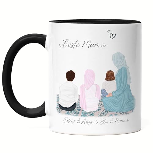 Kiddle-Design Mutter Kind Tasse Schwarz Personalisiert mit Namen Mutter Kinder Tochter Sohn Baby Geschenk für Mütter Muttertag Geburtstag Mutter Muslimisch Arabisch von Kiddle-Design