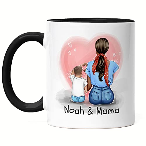 Kiddle-Design Mutter Sohn Tasse Schwarz Muttertag Personalisiert Name und Frisur Mama und Sohn Geschenk Kinder Kaffeetasse für Mütter Geschenk von Kiddle-Design