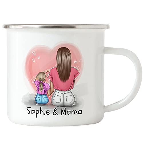 Kiddle-Design Mutter Tochter Emaille Tasse Muttertag Personalisiert Name und Frisur Mama und Tochter Geschenk Kinder Kaffeetasse Mütter Geschenk von Kiddle-Design