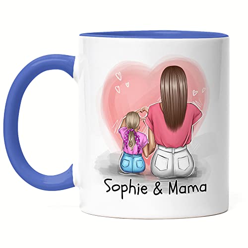 Kiddle-Design Mutter Tochter Tasse Blau Muttertag Personalisiert Name und Frisur Mama und Tochter Geschenk Kinder Kaffeetasse Mütter Geschenk von Kiddle-Design