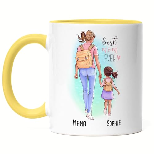 Kiddle-Design Mutter Tochter Tasse Gelb Personalisiert mit Name Muttertagsgeschenk individuell Muttertag Weihnachten Geburtstag Mama Mami Bonusmama von Kiddle-Design