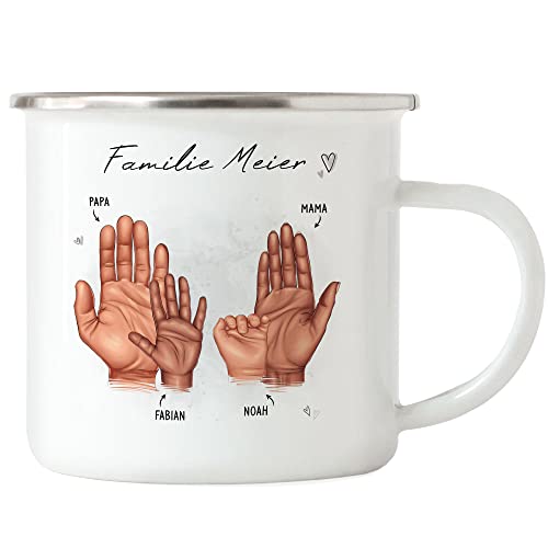 Kiddle-Design Mutter Vater Kind Emaille Tasse Personalisiert Geschenk Familie Baby Geburt Vatertag Muttertag Babygeschenk Eltern Familienbild 2 Kinder von Kiddle-Design