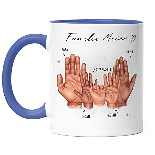 Kiddle-Design Mutter Vater Kind Tasse Blau Personalisiert Geschenk Familie Baby Geburt Vatertag Muttertag Babygeschenk Eltern Familienbild 3 Kinder von Kiddle-Design