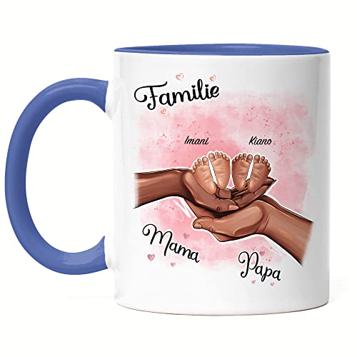 Kiddle-Design Mutter Vater Kind Tasse Blau Personalisiert Geschenk Familie Baby Geburt Vatertag Muttertag Babygeschenk werdende Eltern Familienbild von Kiddle-Design