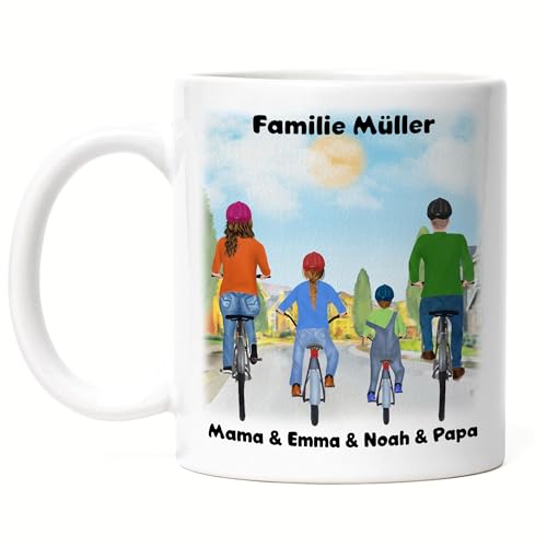 Kiddle-Design Mutter Vater Kind Tasse Personalisiert Familien Geschenk Fahrrad Muttertag Vatertag für Mama und Papa Geburtstagsgeschenk 2 Kinder von Kiddle-Design