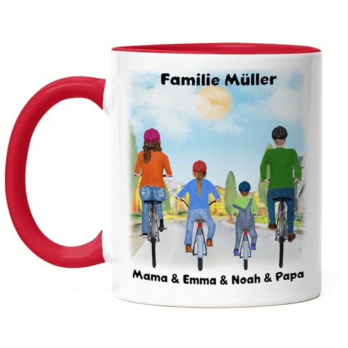Kiddle-Design Mutter Vater Kind Tasse Rot Personalisiert Familien Geschenk Fahrrad Muttertag Vatertag für Mama und Papa Geburtstagsgeschenk 2 Kinder von Kiddle-Design