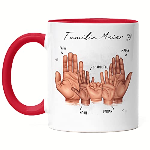 Kiddle-Design Mutter Vater Kind Tasse Rot Personalisiert Geschenk Familie Baby Geburt Vatertag Muttertag Babygeschenk Eltern Familienbild 3 Kinder von Kiddle-Design