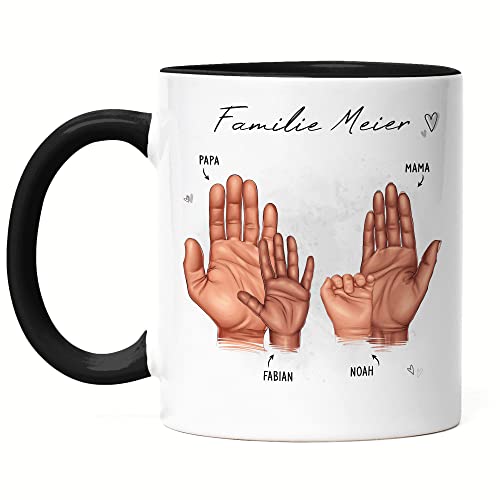 Kiddle-Design Mutter Vater Kind Tasse Schwarz Personalisiert Geschenk Familie Baby Geburt Vatertag Muttertag Babygeschenk Eltern Familienbild 2 Kinder von Kiddle-Design