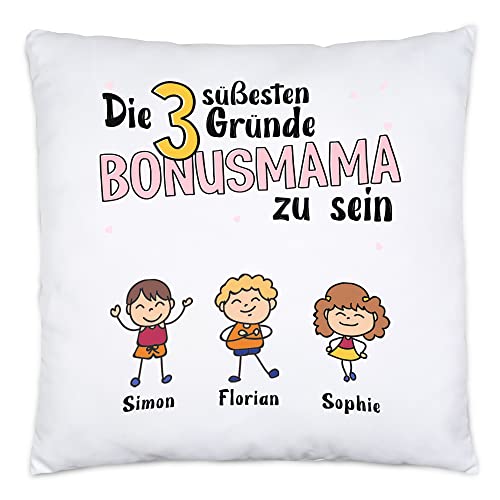 Kiddle-Design Muttertag Kissen 3 Gründe Bonus Mama zu Sein Muttertagsgeschenk Spruch Geschenk von Kindern für Mutter Stiefmutter Stiefmama Geburtstag von Kiddle-Design