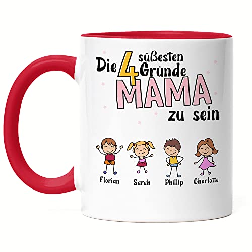 Kiddle-Design Muttertag Tasse Rot 4 Gründe Mama zu sein Muttertagsgeschenk mit Spruch Geschenk von Kindern für Mutter Geburtstag Muttertagstasse von Kiddle-Design