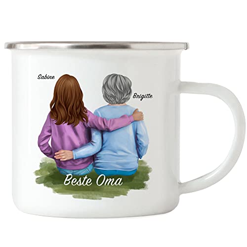 Kiddle-Design Oma Emaille-Tasse Personalisiert Oma & Enkelin Tochter Besonderes Oma Geschenk Muttertag Weihnachten Geburtstagsgeschenk Beste Oma der Welt mit Spruch von Kiddle-Design