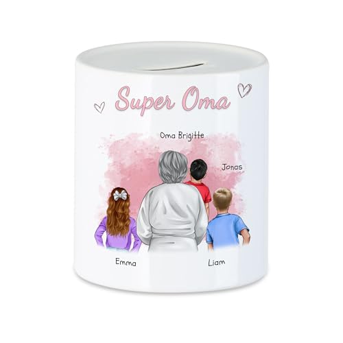 Kiddle-Design Oma Spardose personalisiert 3 Enkel Geburtstagsgeschenk - Geschenk Omi mit Enkeltochter Enkelsohn - Beste Oma der Welt von Kiddle-Design