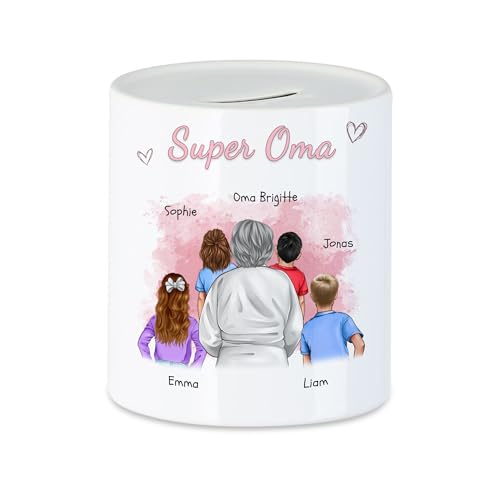 Kiddle-Design Oma Spardose personalisiert 4 Enkel Geburtstagsgeschenk - Geschenk Omi mit Enkeltochter Enkelsohn - Beste Oma der Welt Kiddle-Design Oma Spardose personalisiert 4 Enkel Geburtstagsgeschenk - Geschenk Omi mit Enkeltochter Enkelsohn - Beste Oma der Welt von Kiddle-Design