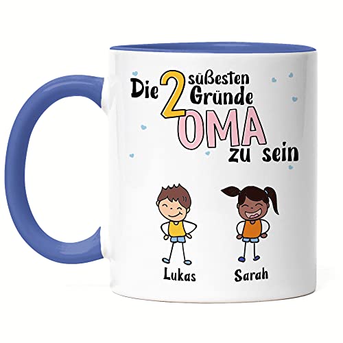 Kiddle-Design Oma Tasse Blau Geburtstag Personalisiert für Oma Enkel Enkelin Baby Geschenk Kinder Oma Geschenk Muttertag 2 Kinder von Kiddle-Design