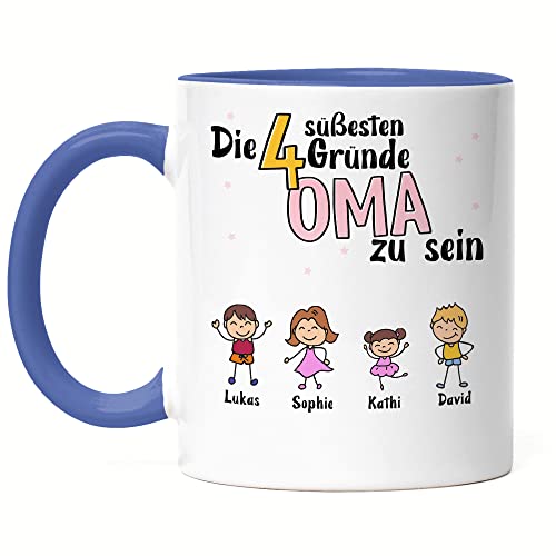 Kiddle-Design Oma Tasse Blau Geburtstag Personalisiert für Oma Enkel Enkelin Baby Geschenk Kinder Oma Geschenk Muttertag 4 Kinder von Kiddle-Design