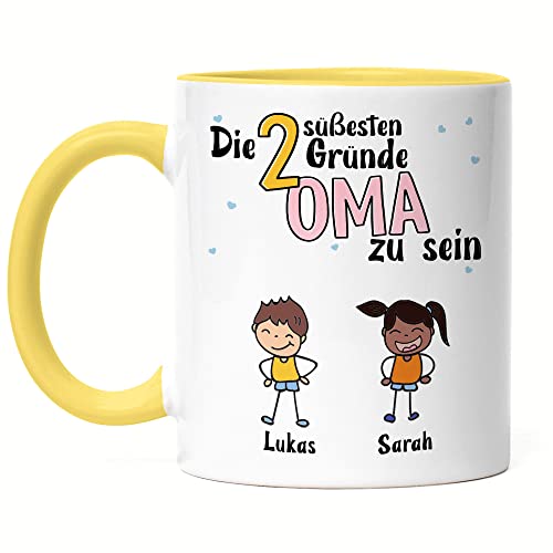 Kiddle-Design Oma Tasse Gelb Geburtstag Personalisiert für Oma Enkel Enkelin Baby Geschenk Kinder Oma Geschenk Muttertag 2 Kinder von Kiddle-Design