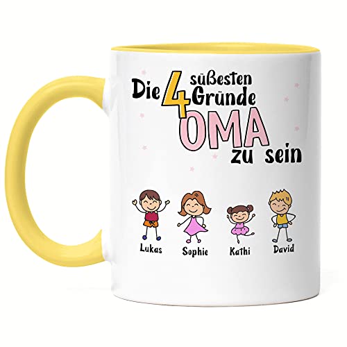 Kiddle-Design Oma Tasse Gelb Geburtstag Personalisiert für Oma Enkel Enkelin Baby Geschenk Kinder Oma Geschenk Muttertag 4 Kinder von Kiddle-Design