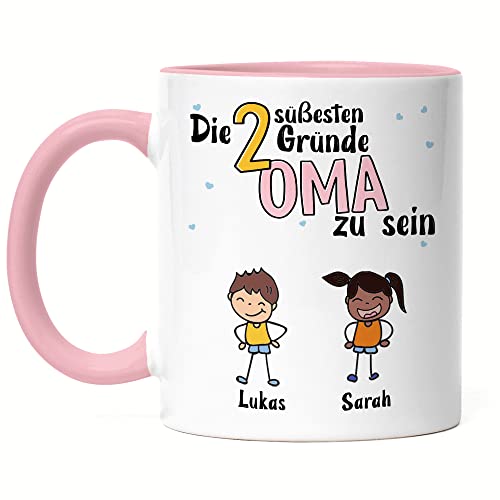 Kiddle-Design Oma Tasse Rosa Geburtstag Personalisiert für Oma Enkel Enkelin Baby Geschenk Kinder Oma Geschenk Muttertag 2 Kinder von Kiddle-Design