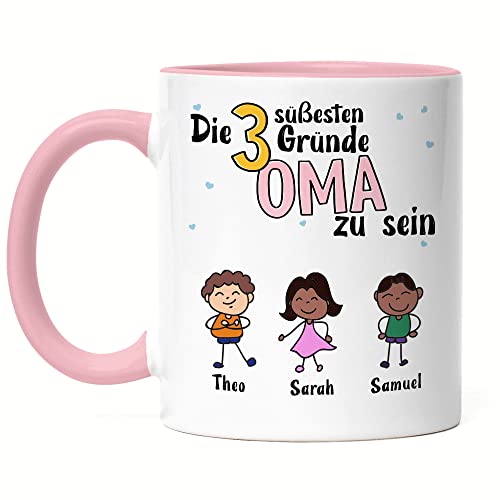 Kiddle-Design Oma Tasse Rosa Geburtstag Personalisiert für Oma Enkel Enkelin Baby Geschenk Kinder Oma Geschenk Muttertag 3 Kinder von Kiddle-Design