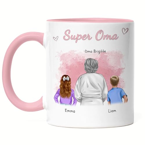 Kiddle-Design Oma Tasse Rosa personalisiert 2 Enkel Muttertag Geschenk Geburtstagsgeschenk - Geschenk Omi mit Enkeltochter Enkelsohn - Beste Oma der Welt von Kiddle-Design