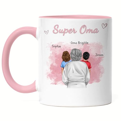 Kiddle-Design Oma Tasse Rosa personalisiert 2 Enkelkinder Muttertag Geschenk Geburtstagsgeschenk - Geschenk Omi mit Enkeltochter Enkelsohn - Beste Oma der Welt von Kiddle-Design