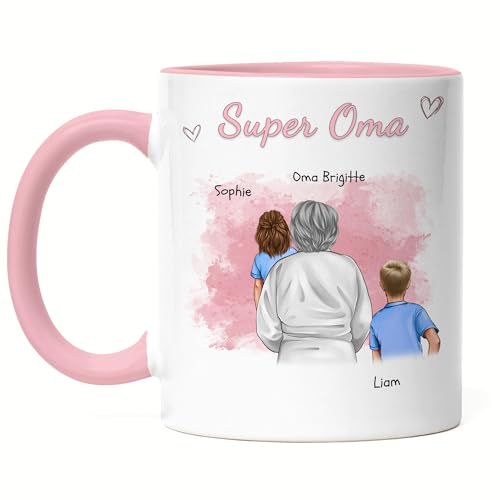 Kiddle-Design Oma Tasse Rosa personalisiert Zwei Enkelkinder Muttertag Geschenk Geburtstagsgeschenk - Geschenk Omi mit Enkeltochter Enkelsohn - Beste Oma der Welt von Kiddle-Design