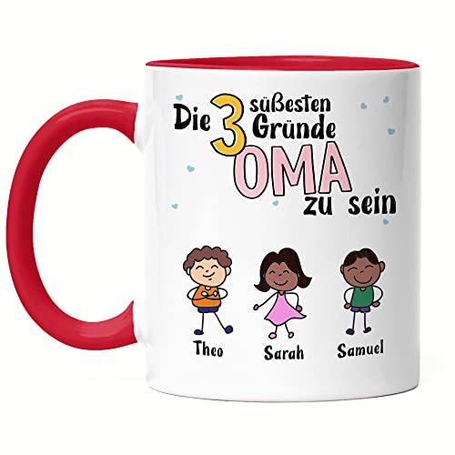 Kiddle-Design Oma Tasse Rot Geburtstag Personalisiert für Oma Enkel Enkelin Baby Geschenk Kinder Oma Geschenk Muttertag 3 Kinder von Kiddle-Design