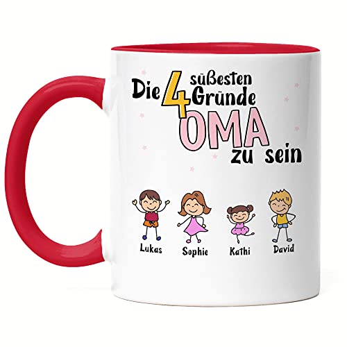 Kiddle-Design Oma Tasse Rot Geburtstag Personalisiert für Oma Enkel Enkelin Baby Geschenk Kinder Oma Geschenk Muttertag 4 Kinder von Kiddle-Design