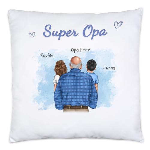 Kiddle-Design Opa Kissen personalisiert 2 Enkelkinder Vatertagsgeschenk Geburtstagsgeschenk - Geschenk Opi mit Enkeltochter Enkelsohn - Bester Opa der Welt von Kiddle-Design