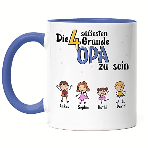 Kiddle-Design Opa Tasse Blau Geburtstag Personalisiert für Opa Enkel Enkelin Baby Geschenk Kinder Opa Geschenk Vatertag 4 Kinder von Kiddle-Design
