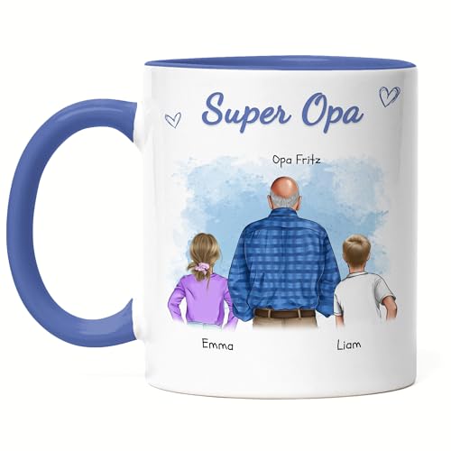 Kiddle-Design Opa Tasse Blau personalisiert 2 Enkel Vatertagsgeschenk Geburtstagsgeschenk - Geschenk Opi mit Enkeltochter Enkelsohn - Bester Opa der Welt von Kiddle-Design