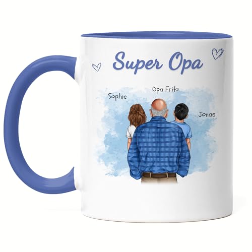 Kiddle-Design Opa Tasse Blau personalisiert 2 Enkelkinder Vatertagsgeschenk Geburtstagsgeschenk - Geschenk Opi mit Enkeltochter Enkelsohn - Bester Opa der Welt von Kiddle-Design