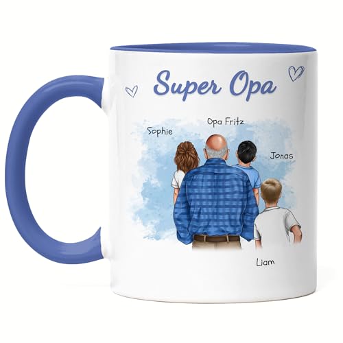 Kiddle-Design Opa Tasse Blau personalisiert 3 Enkelkinder Vatertagsgeschenk Geburtstagsgeschenk - Geschenk Opi mit Enkeltochter Enkelsohn - Bester Opa der Welt von Kiddle-Design