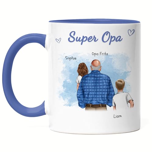 Kiddle-Design Opa Tasse Blau personalisiert Zwei Enkel Vatertagsgeschenk Geburtstagsgeschenk - Geschenk Opi mit Enkeltochter Enkelsohn - Bester Opa der Welt von Kiddle-Design